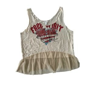 BP Womens‎ Rock N Roll Graphic Tank Top Cream Mesh Peplum Hem Size M